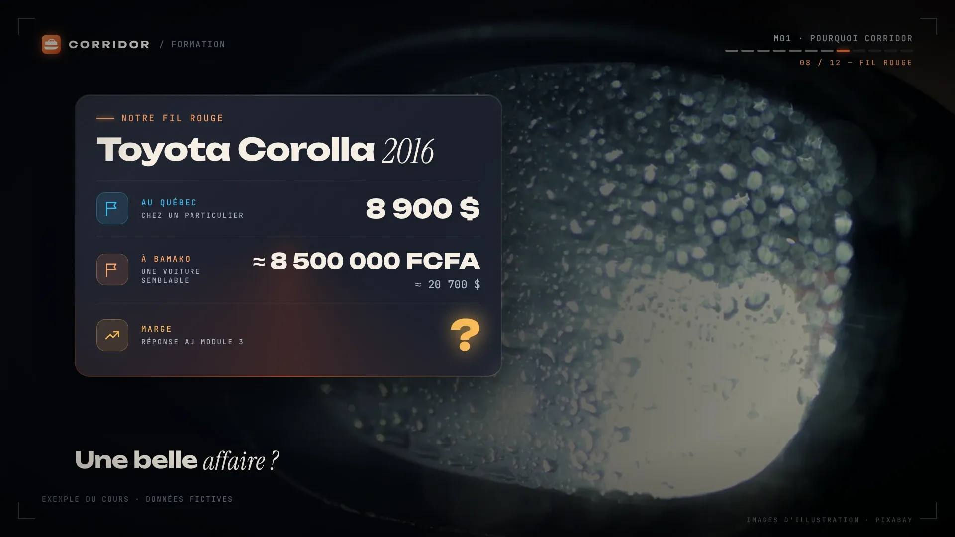 Frame from the video course (in French): the 2016 Toyota Corolla used as a running example, bought for $8,900 in Québec.