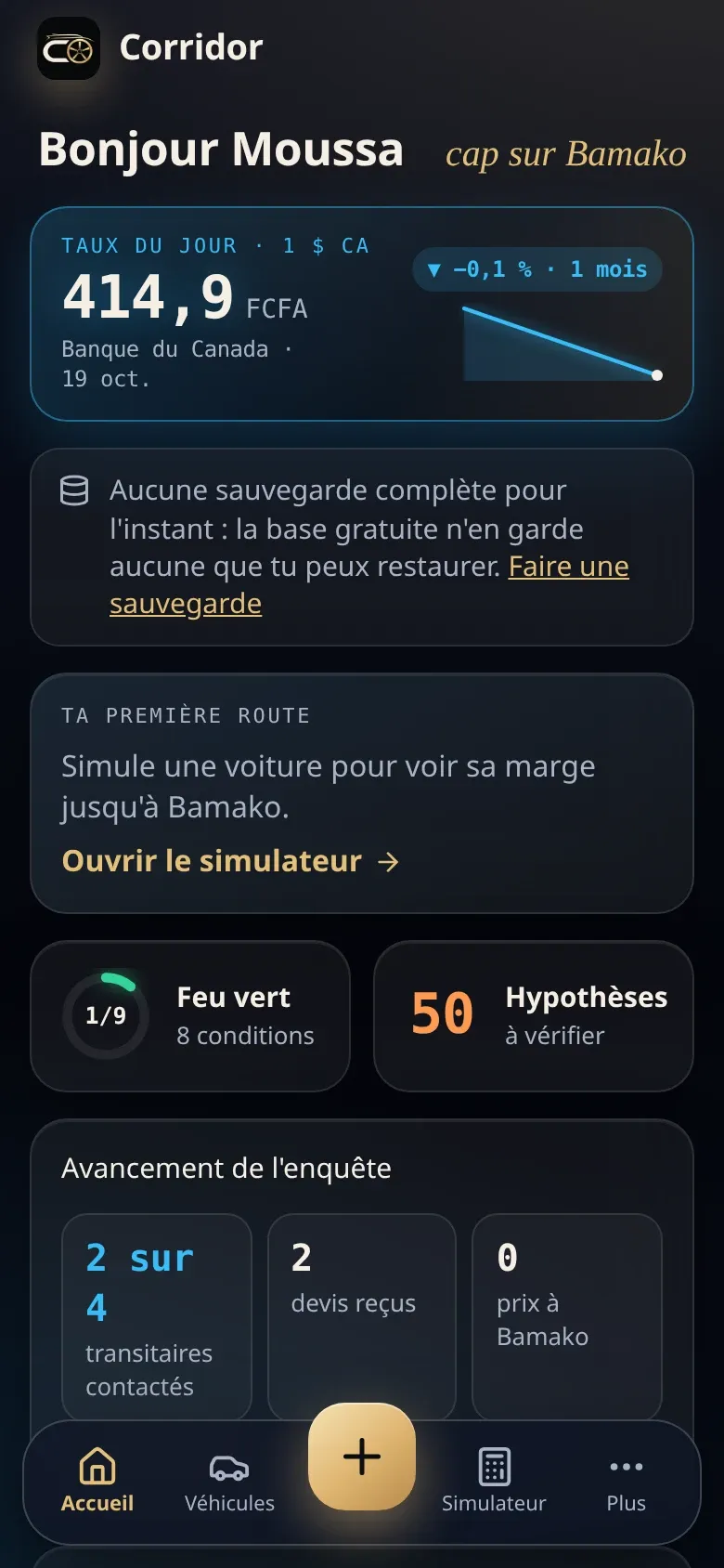 Corridor home screen on iPhone: today's rate in CFA francs, go-ahead checklist, assumptions to verify.