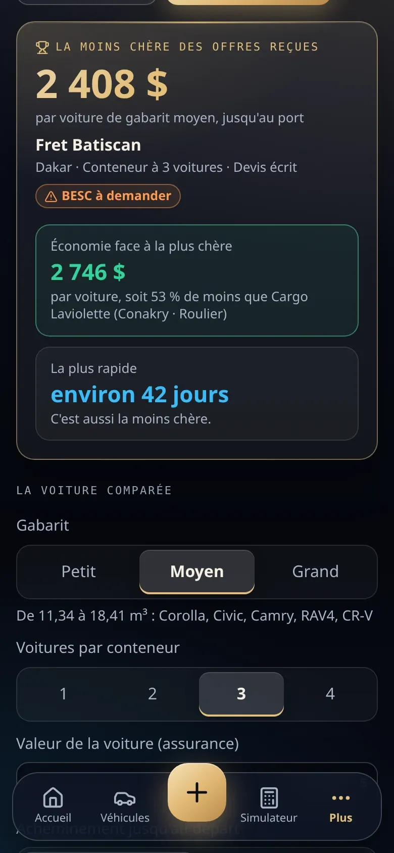 Freight forwarder comparison (in French): cheapest quote received, savings against the most expensive, fastest option.