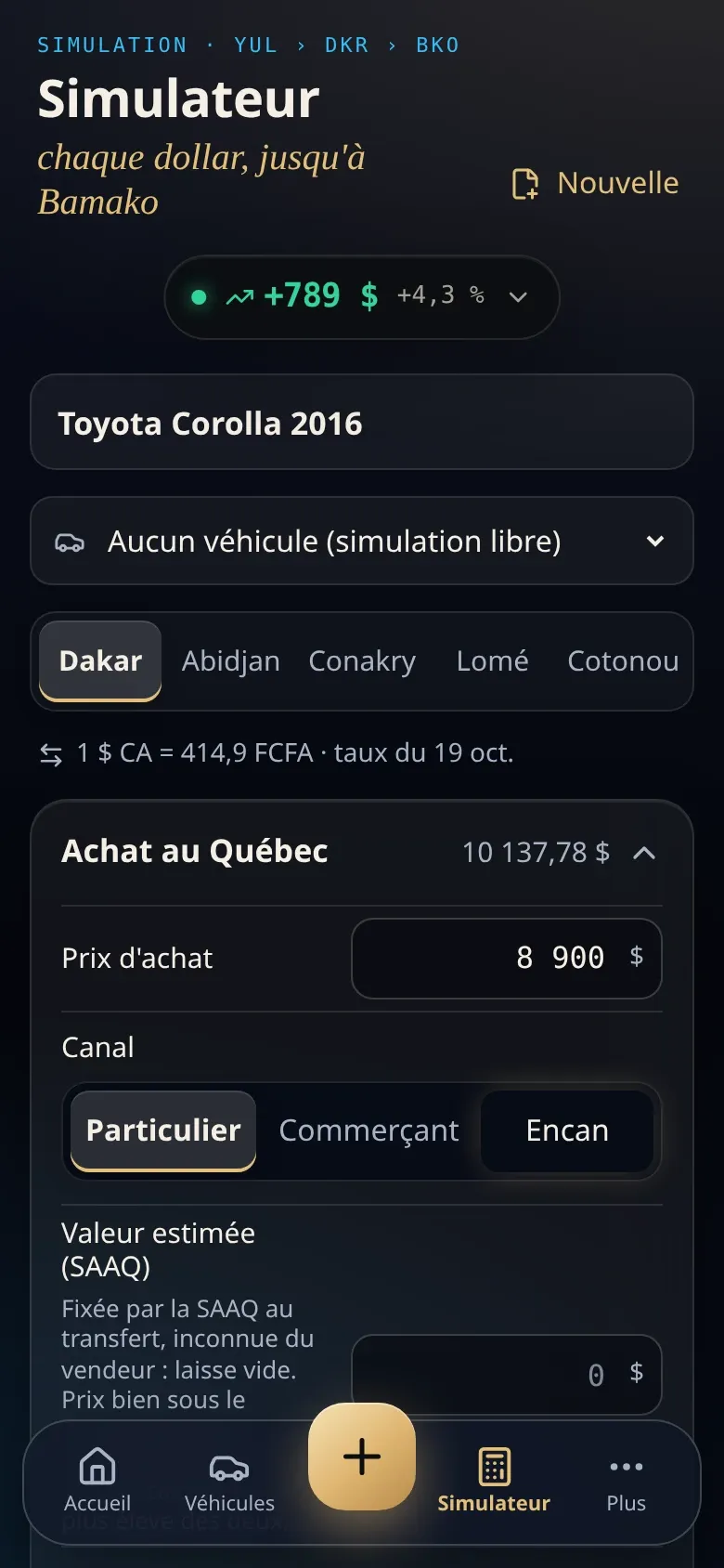 Corridor simulator (in French): a fictitious 2016 Toyota Corolla, the estimated margin and the Québec purchase breakdown.