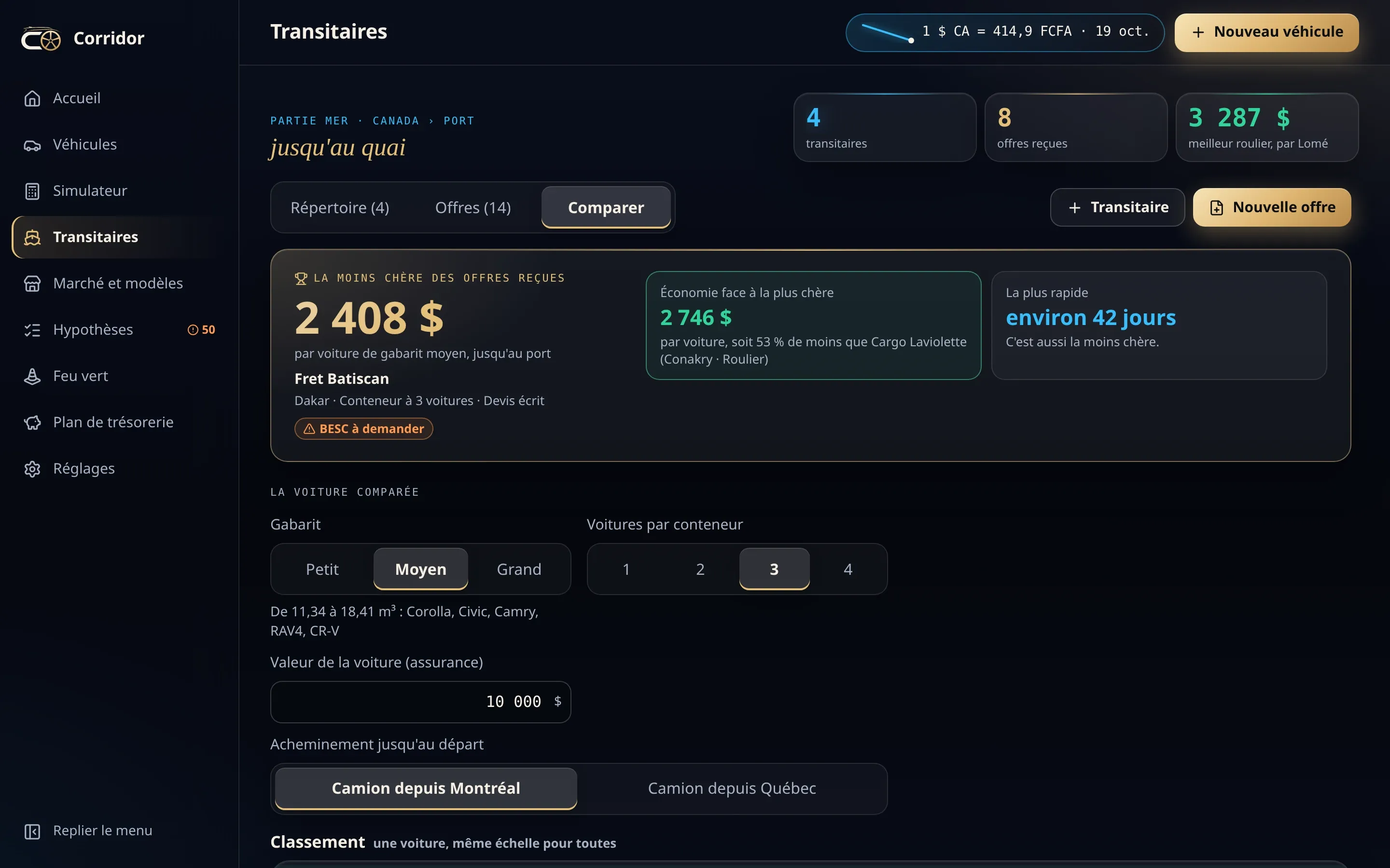 Corridor freight forwarder comparison on a computer (in French).
